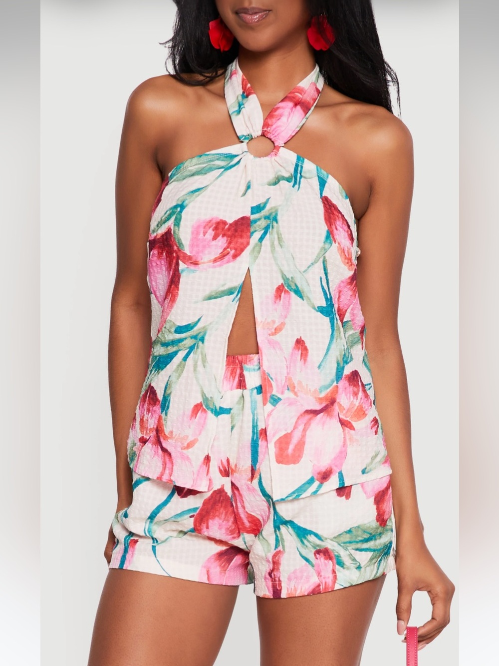Floral O-Ring Front Slit Halter with matching shorts set